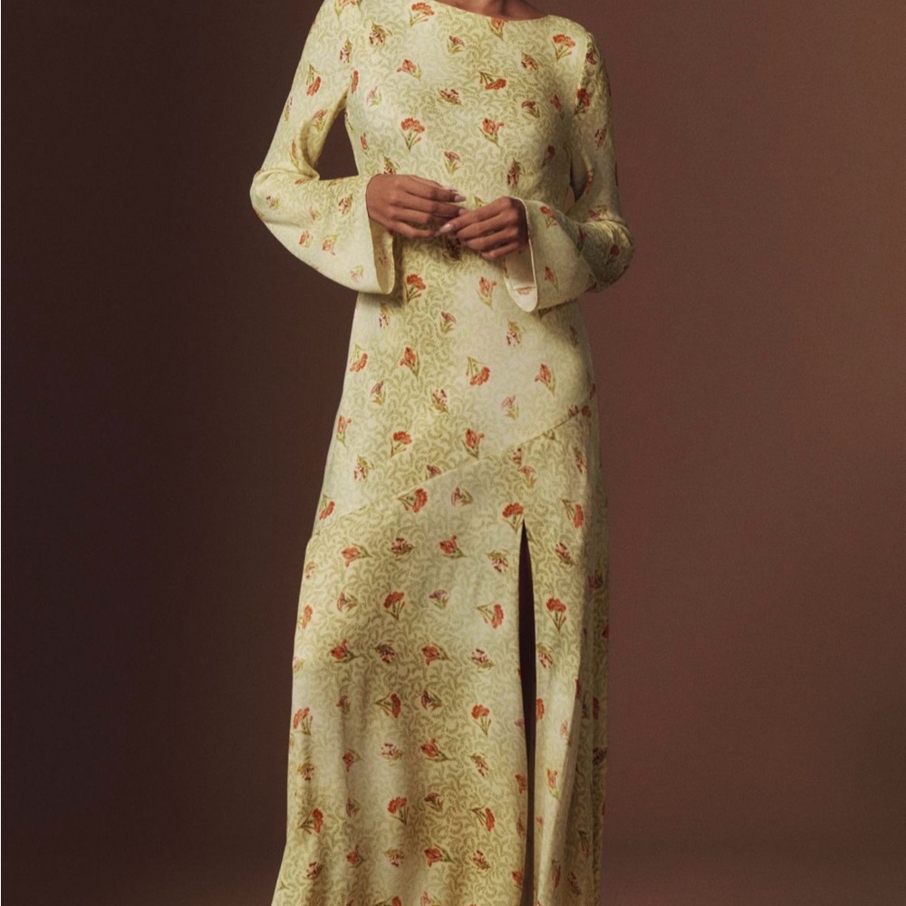 BHLDN Dani Yellow Floral Long Sleeve Dress with Open Back